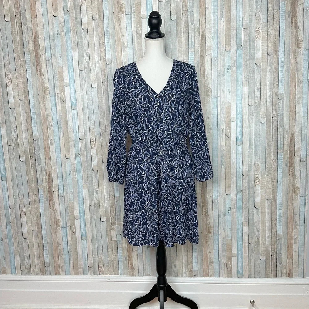 Draper James 6 Blue Fern Print Long Sleeve Peasant Blouson Dress‎ Mini